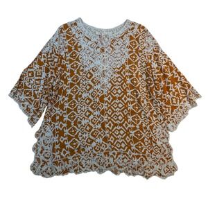 Geometric Kaftan Tunic Top – Women's XL Rust White Lace Trim Rayon